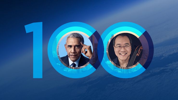 100th anniversary logo with Barack Obama and Yo-Yo Ma