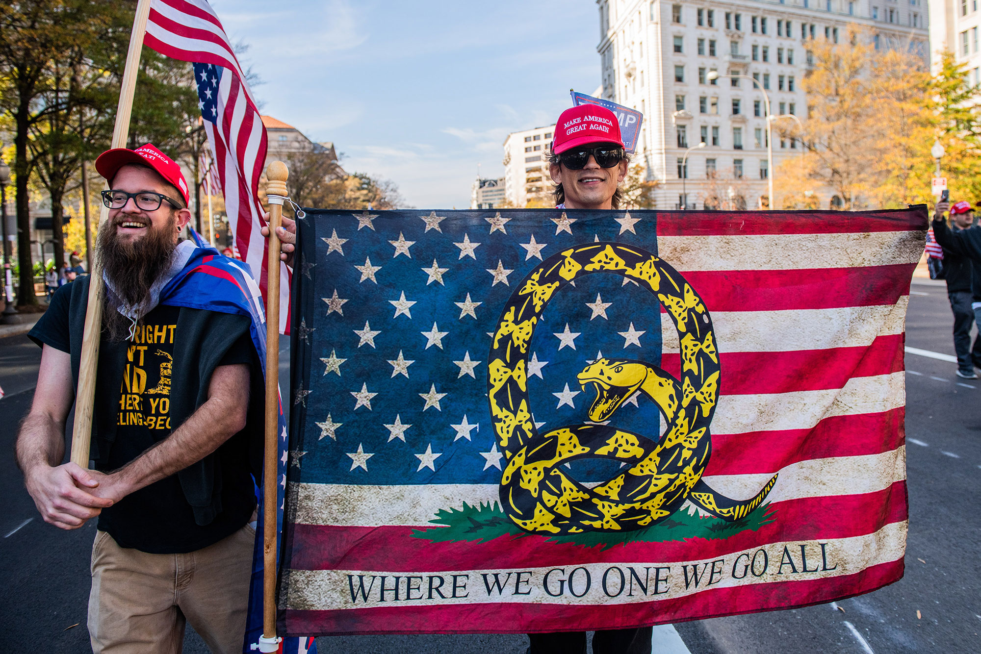 A Qanon supporter marches in route to the Supreme Court during the Million Maga March protest regarding election results on November 14, 2020 in Washington D.C