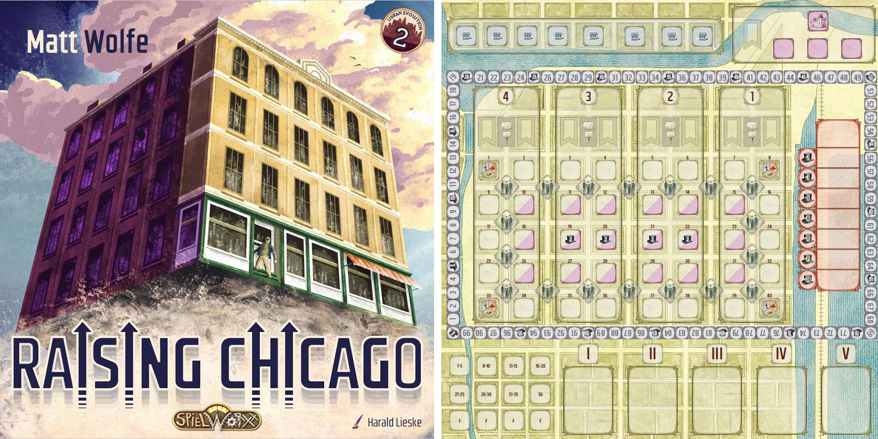 Side by side pictures of the Raising Chicago board game and the board itself.