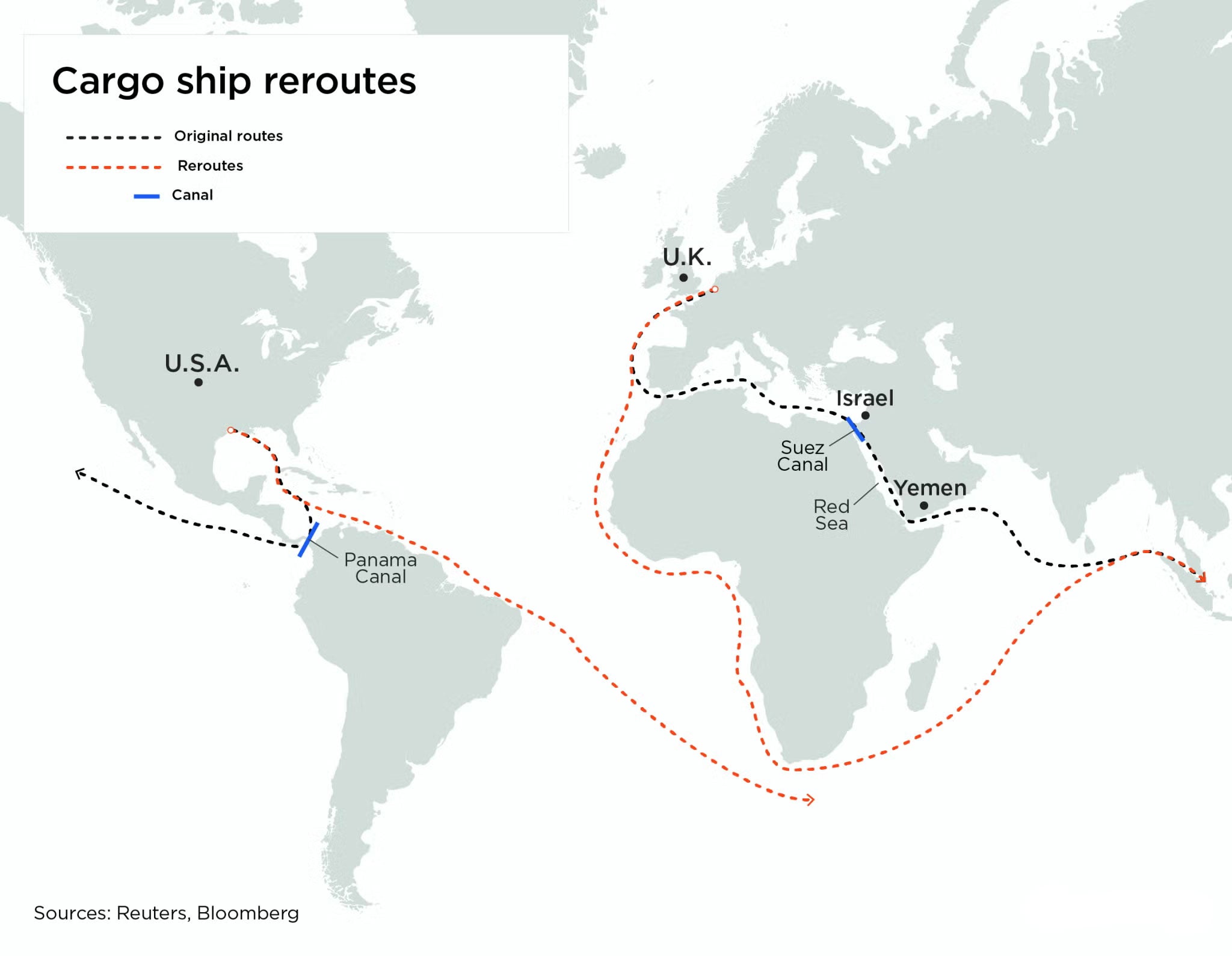 Map of Cargo ship reroutes