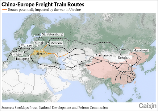 A map of China-Europe freight train routes