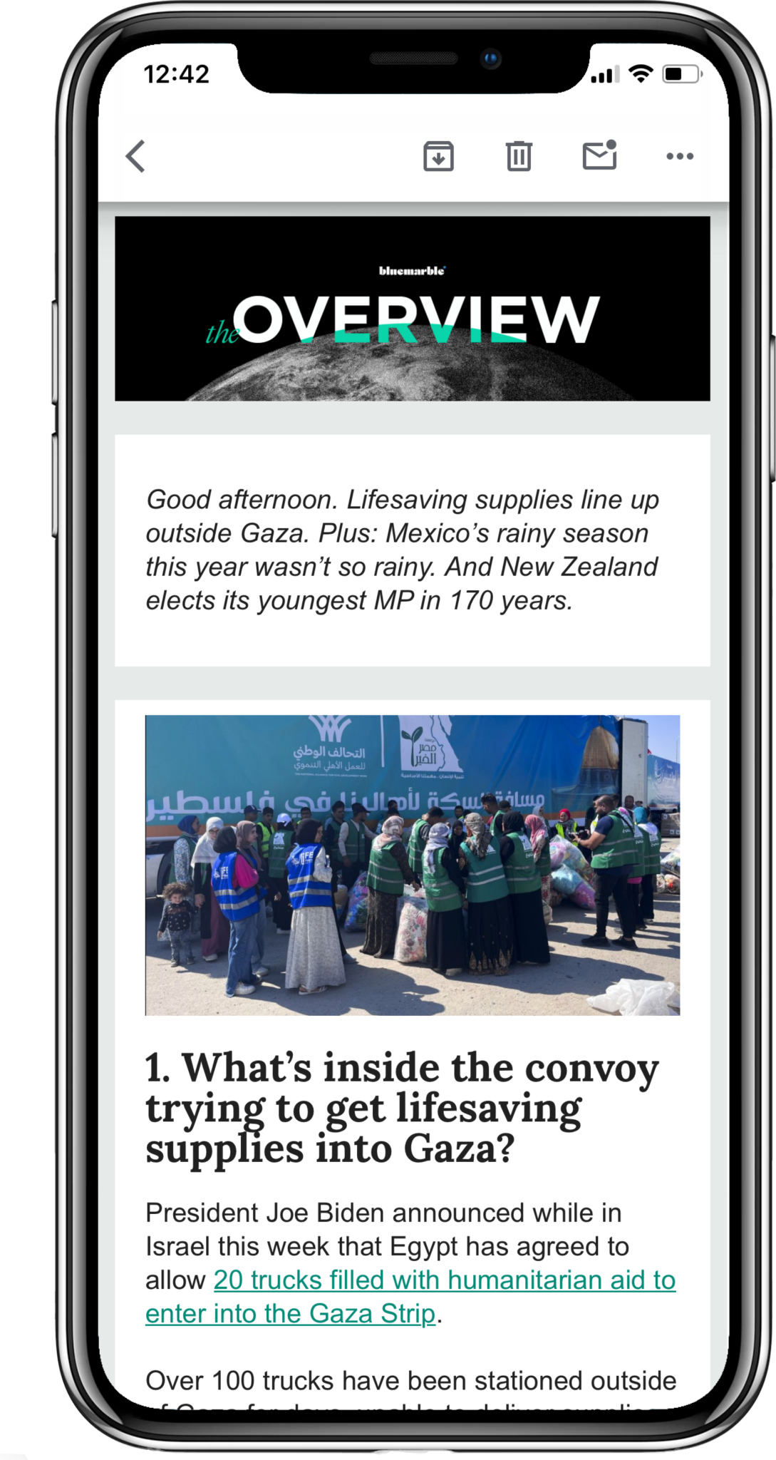 A screenshot of an issue of "The Overview" newsletter in a mobile display.