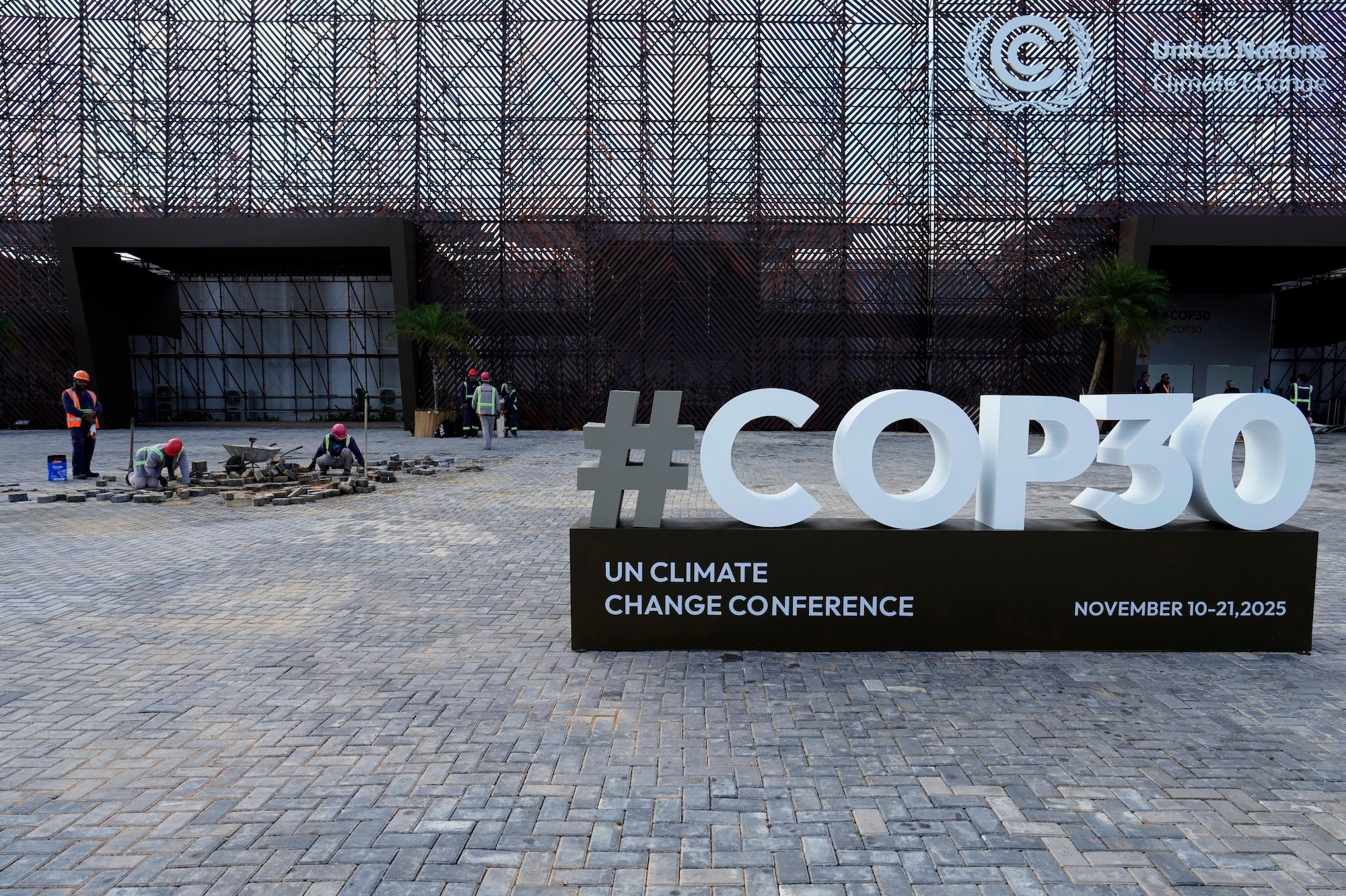 A sign for the upcoming COP30 U.N. Climate Summit sits outside of the press center in Belem, Brazil, Monday, Nov. 3, 2025.