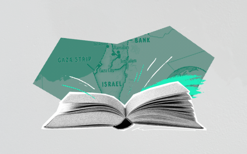 An open book in the foreground, with a map of Israel in the background
