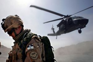 Blackhawk helicopter taking off from an operating base.