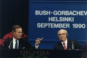 US President George H. W. Bush and Soviet Predident Mikhail Gorbachev hold a press conference at the Helsinki Summit, Finland on September 9, 1990.