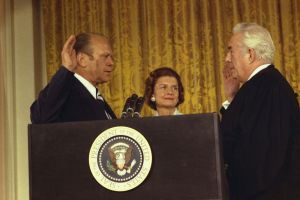 The swearing in of President Gerald Ford by Supreme Court Chief Justice Warren Burger.