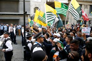 Demonstrators protest the scrapping of the special constitutional status in Kashmir by the Indian government, outside the Indian High Commission in London