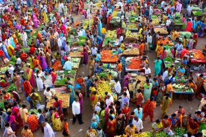 A crowded food market in an Indian city,