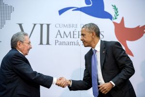 Handshake between President Obama and Cuban President Raúl Castro during the Summit of the Americas in Panama City, Panama.
