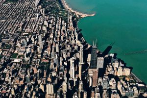 Aerial view of the city of Chicago and its lakefront
