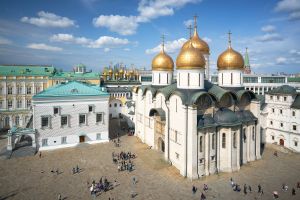 Aerial view of the Dormition Cathedral in Moscow, Russia