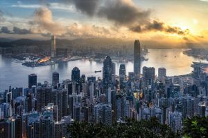 View of Hong Kong's skyline at sunset