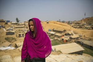 A woman in a stands outside the Women's Centre in Balukhali camp March 6, 2018.