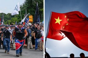 Left: Multiple white nationalist groups march to McIntire Park in Charlottesville, Va., on Aug. 12, 2017. Right: People wave with the Chinese flag before the a meeting of Chinese Premier Li Keqiang and German Chancellor Angela Merkel at the Chancellery in Berlin, Germany, June 1, 2017. 