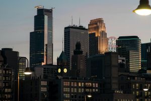 View of the Minneapolis skyline at dusk