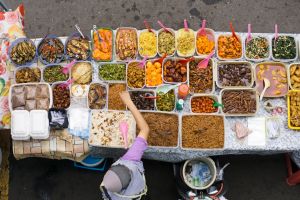 Top view of falconer at street food bazaar in Malaysia 