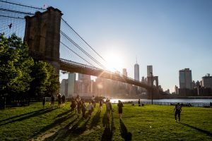 People in Brooklyn Bridge Park, with the sunset in the background