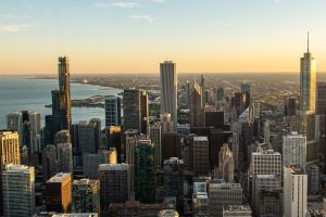 Aerial view of skyscrapers in downtown Chicago