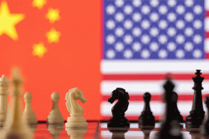 Chess pieces are shown in front of US and China flags