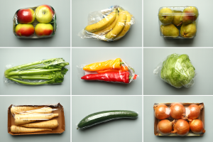 Fruit on a table photographed from above. 