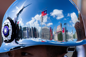 Helmet showing flags and buildings