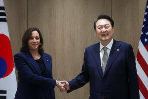 VP Harris and President Yoon shake hands near flags. 