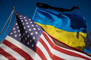 American and Ukrainian flags fly side by side