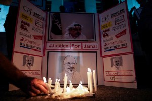 The Committee to Protect Journalists and other press freedom activists hold a candlelight vigil in front of the Saudi Embassy to mark the anniversary of the killing of journalist Jamal Khashoggi