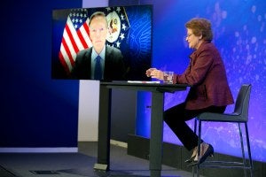 Ambassador Burns on screen in conversation with Fay Hartog Levin