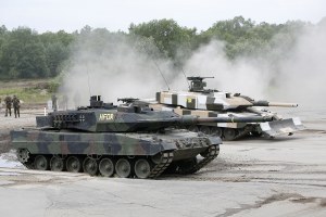 A Leopard 2A6 and a Leopard 2 PSO of the German armed forces Bundeswehr
