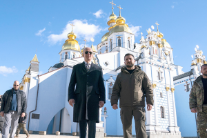 U.S. President Biden walks with Ukrainian President  Zelenskiy at St. Michael's Golden-Domed Cathedral in Kyiv, Ukraine on February 20, 2023.