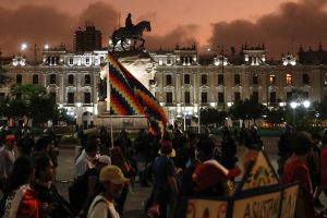 A protest demanding for an indefinite nationwide strike in Lima, Peru on February 9, 2023.
