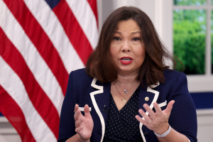 Senator Tammy Duckworth participates in a virtual townhall addressing the Build Back Better Agenda on October 14, 2021.