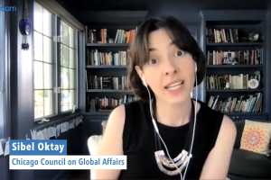 Screenshot of Sibel Oktay on VOA News with bookshelves behind her. 