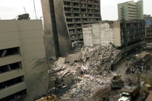 A view of the United States Embassy, left, and other damaged buildings in downtown Nairobi, Kenya on Aug. 8, 1998 the day after terrorist bombs in Kenya.