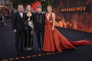 Matt Damon, from left, Emily Blunt, Cillian Murphy and Florence Pugh pose for photographers upon arrival at the premiere for the film 'Oppenheimer'.