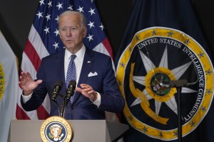 President Joe Biden speaks during a visit to the Office of the Director of National Intelligence 