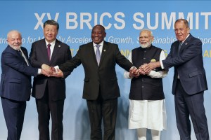 From left, Brazil's President Luiz Inacio Lula da Silva, China's President Xi Jinping, South Africa's President Cyril Ramaphosa, India's Prime Minister Narendra Modi and Russia's Foreign Minister Sergei Lavrov pose for a BRICS group photo during the 2023 BRICS Summit