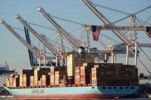 A ship is docked at the Port of Baltimore