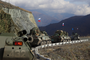 Russian military vehicles riding towards the separatist region of Nagorno-Karabakh.