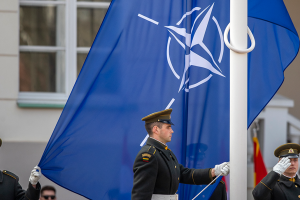 The NATO flag is raised during a celebration for Lithuania's NATO membership 20th anniversary on March 29, 2024.