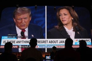 Donald Trump and Kamala Harris appear on the debate screen