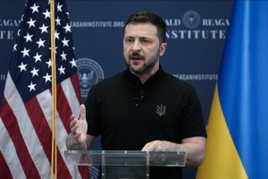 Ukrainian President Volodymyr Zelenskyy speaks at the Ronald Reagan Institute on the sideline of NATO Summit