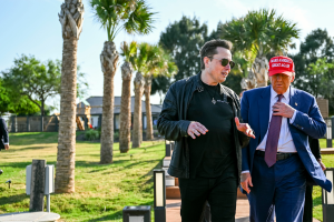 Elon Musk greets President-elect Donald Trump as he arrives at a SpaceX test flight from Starbase in Boca Chica, Texas on November 19, 2024.