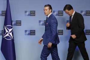 Secretary of Defense Pete Hegseth and NATO Secretary General Mark Rutte prepare to address a media conference during a meeting of NATO defense ministers at NATO headquarters in Brussels on February 13, 2025.