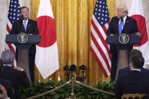 President Donald Trump speaks during a news conference with Japan's Prime Minister Shigeru Ishiba