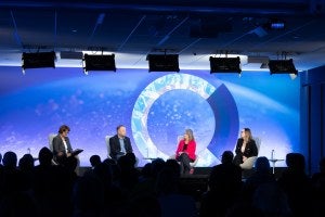 Speakers on stage. From left to right: Olga Kamenchuk, Konstantin Sonin, Dina Smeltz, Natalia Pelevina