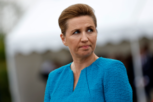 Denmark's Prime Minister Mette Frederiksen attends a ceremony at the Danish monument outside of Sainte Marie du Mont, Normandy on June 6, 2024.