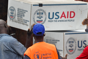 American Aid goods are loaded onto a truck to be used against the Ebola virus in Monrovia, Liberia on August 24, 2014.